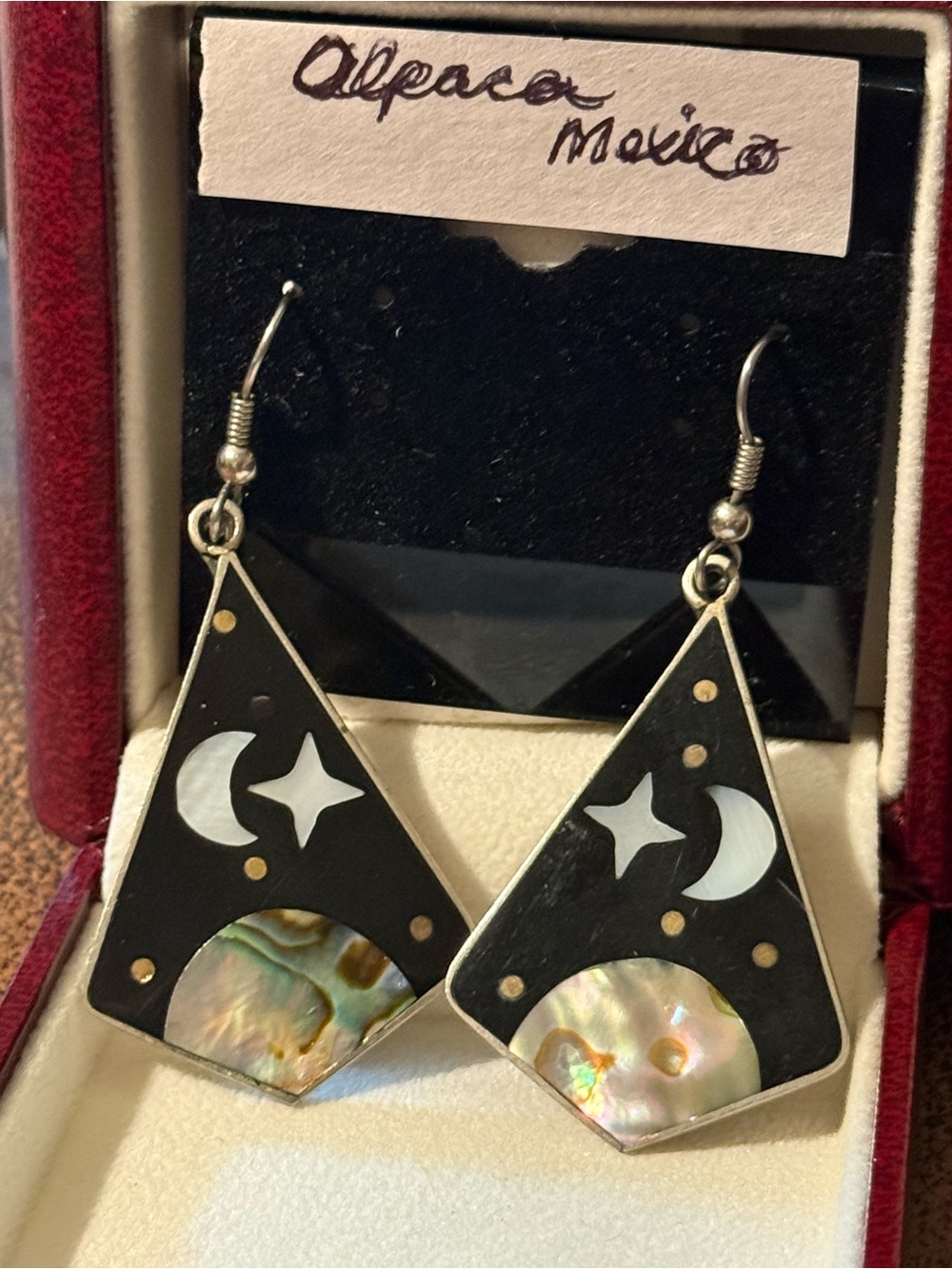 Vintage Alpaca Black Moon & Star Drop Earrings with Mother-of-Pearl Inlay